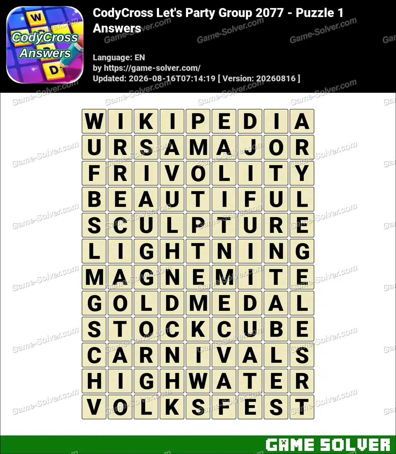 CodyCross Let’s Party Group 2077 – Puzzle 1 Answers